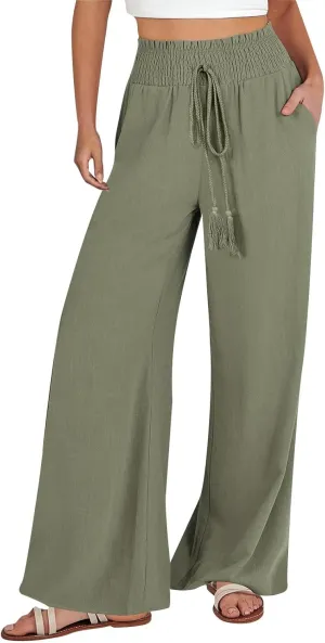 Women's Linen Blend Summer Lightweigt Pant Trousers Elastic Waisted Wide Leg Slim-Fit Pants Beach