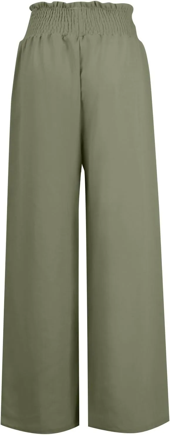 Women's Linen Blend Summer Lightweigt Pant Trousers Elastic Waisted Wide Leg Slim-Fit Pants Beach