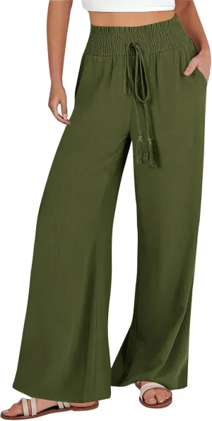 Women's Linen Blend Summer Printed Palazzo Pants Elastic Waist Bootcut Plus Size Palazzo Lounge Pants Beach