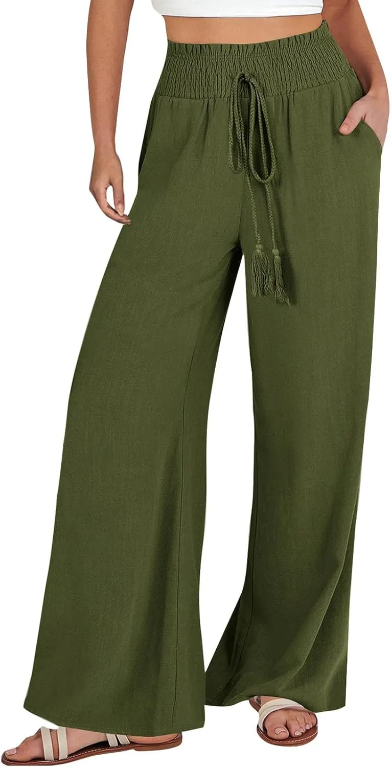 Women's Linen Blend Summer Printed Palazzo Pants Elastic Waist Bootcut Plus Size Palazzo Lounge Pants Beach