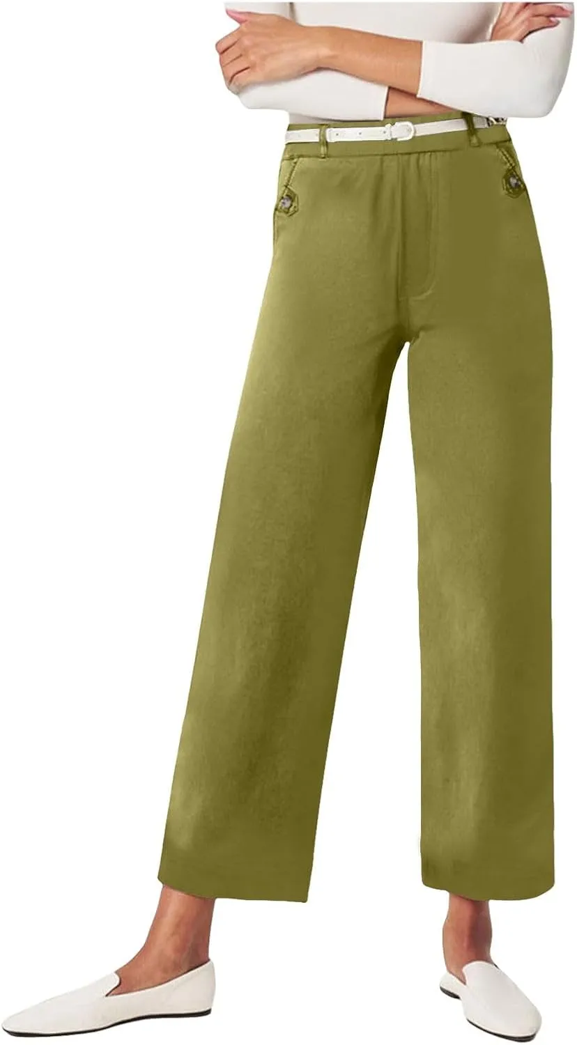 Women's Linen Blend Summer Pull On Palazzo Lounge Pants High Waist Wide Leg Slim-Fit Pant Trousers Work Business