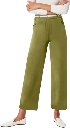 Women's Linen Blend Summer Pull On Palazzo Lounge Pants High Waist Wide Leg Slim-Fit Pant Trousers Work Business
