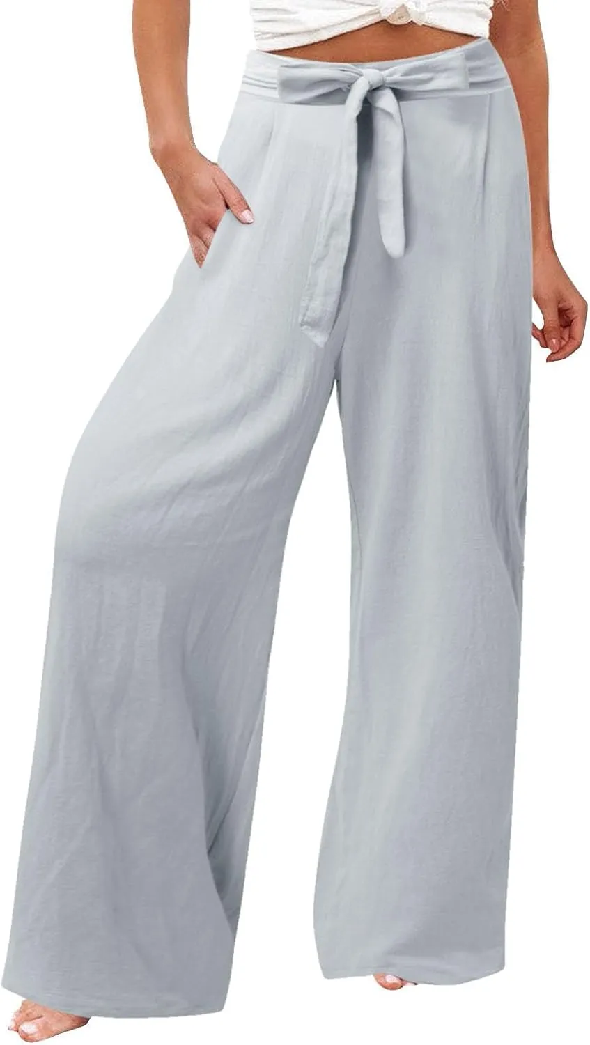 Womens Linen Blend Summer Y2K Streetwear Palazzo Pants Elastic Waist Bootcut Slim-Fit Trousers Beach
