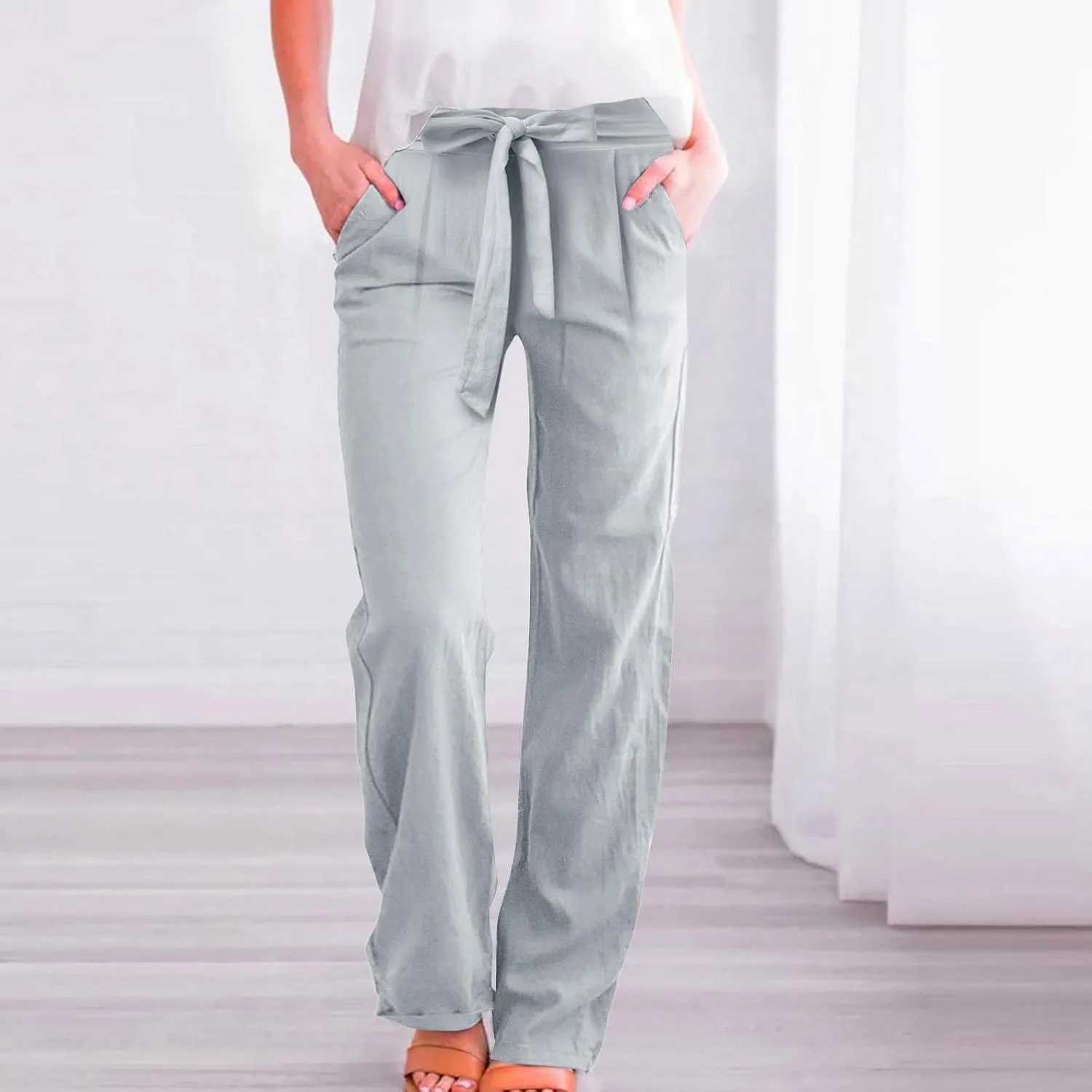 Womens Linen Blend Summer Y2K Streetwear Palazzo Pants Elastic Waist Bootcut Slim-Fit Trousers Beach
