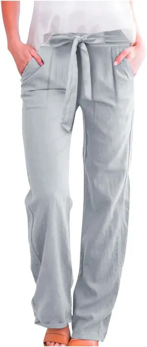 Womens Linen Blend Summer Y2K Streetwear Palazzo Pants Elastic Waist Bootcut Slim-Fit Trousers Beach