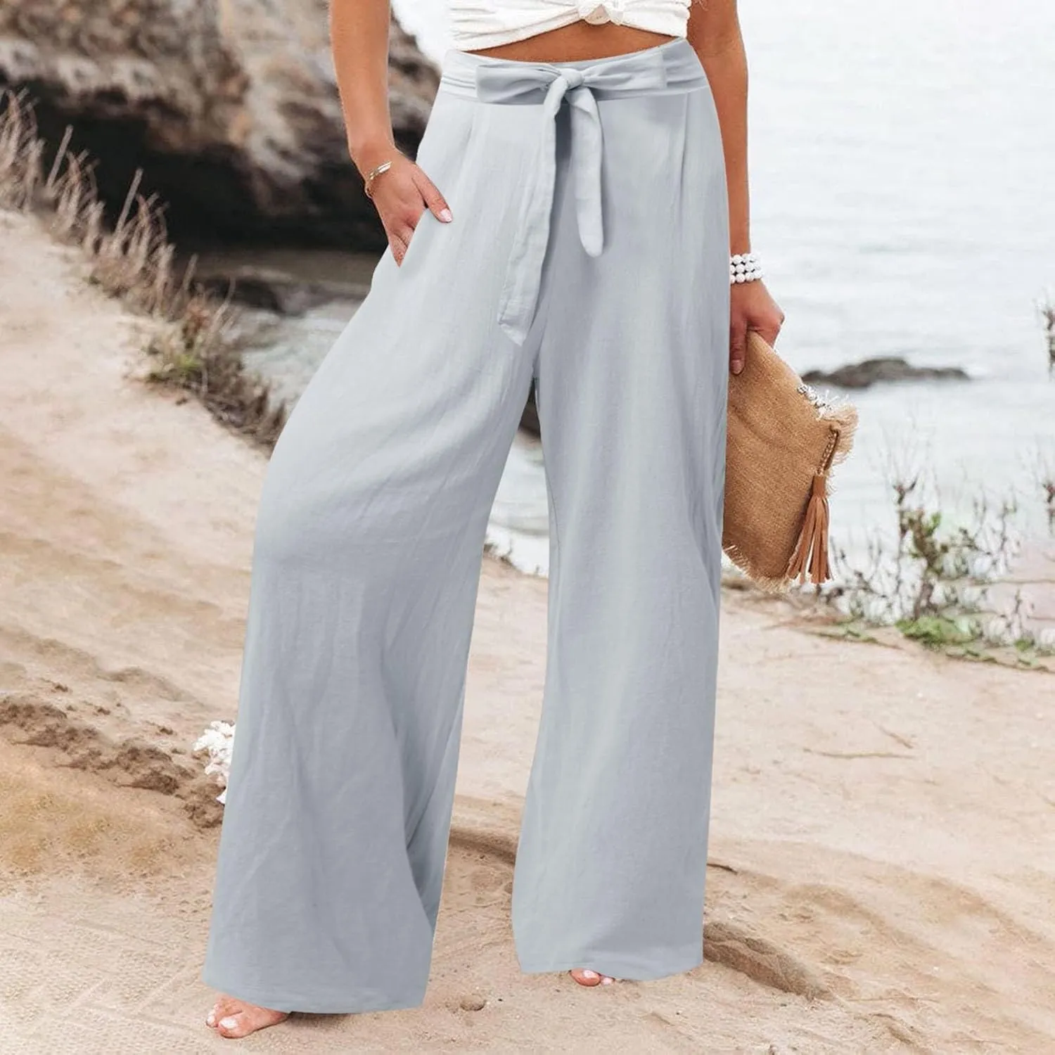 Womens Linen Blend Summer Y2K Streetwear Palazzo Pants Elastic Waist Bootcut Slim-Fit Trousers Beach