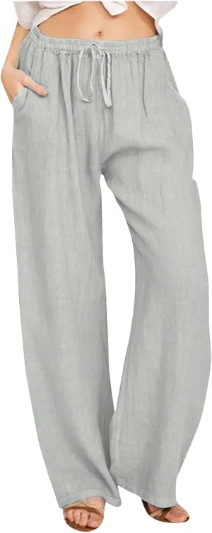 Women's Linen Blend Summer Y2K Streetwear Pant Trousers Elastic Waist Lounge Pants Slim Fit Pants Travel