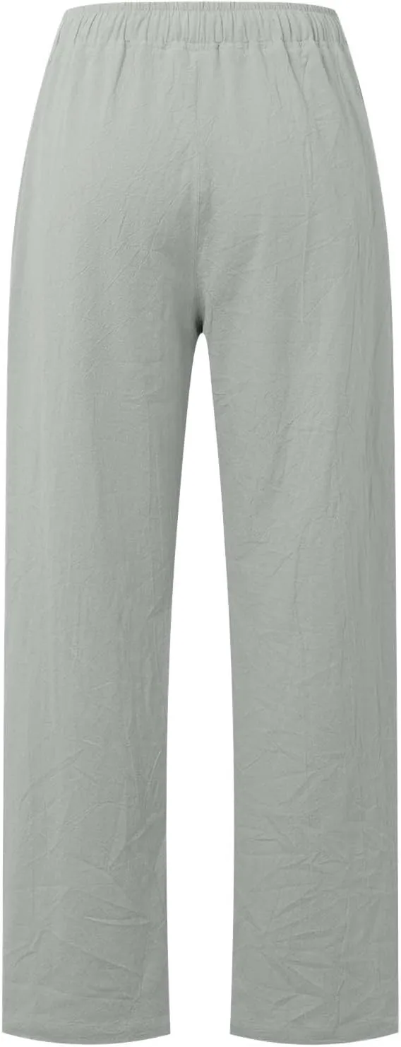 Women's Linen Blend Summer Y2K Streetwear Pant Trousers Elastic Waist Lounge Pants Slim Fit Pants Travel