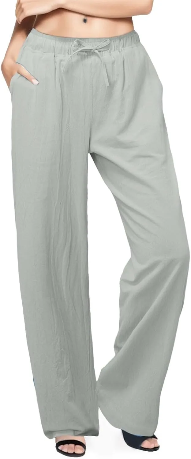 Women's Linen Blend Summer Y2K Streetwear Pant Trousers Elastic Waist Lounge Pants Slim Fit Pants Travel