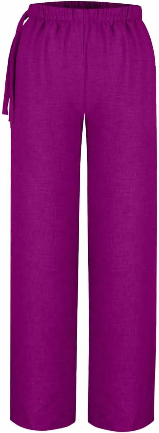 Women's Linen Blend Wide Leg Pants Tie Elastic Waist Casual Palazzo Trousers with Pockets Casual Beach Long Slacks