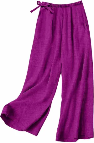 Women's Linen Blend Wide Leg Pants Tie Elastic Waist Casual Palazzo Trousers with Pockets Casual Beach Long Slacks