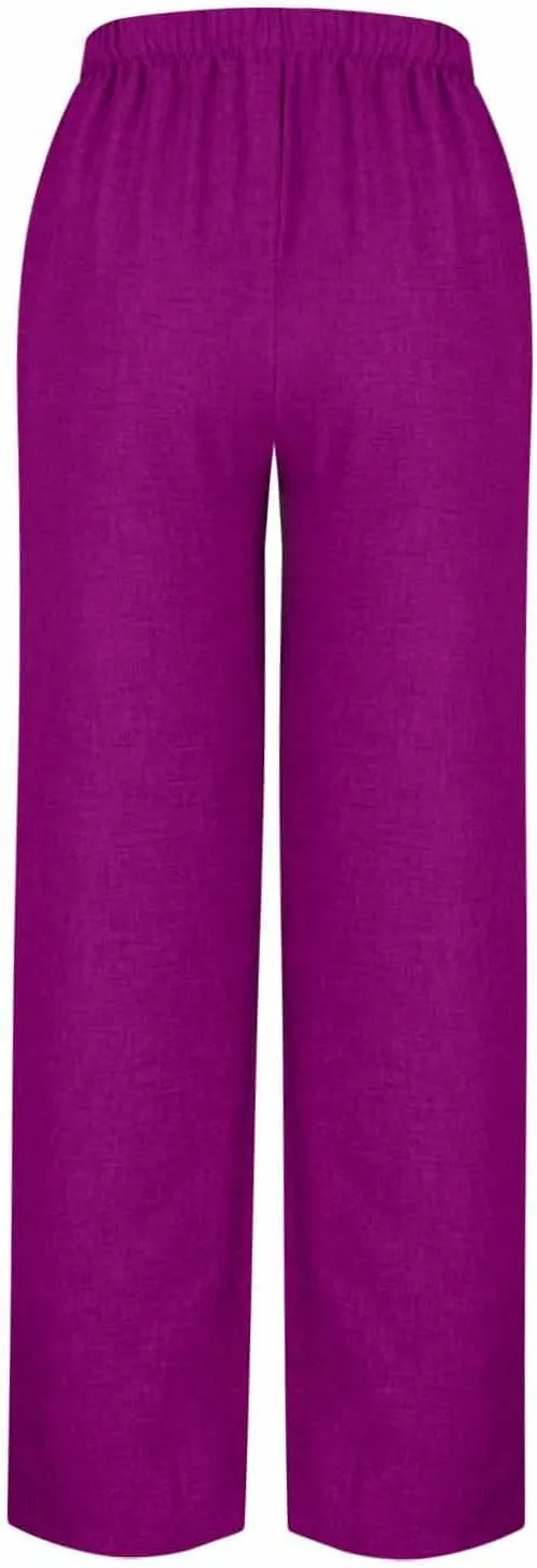 Women's Linen Blend Wide Leg Pants Tie Elastic Waist Casual Palazzo Trousers with Pockets Casual Beach Long Slacks