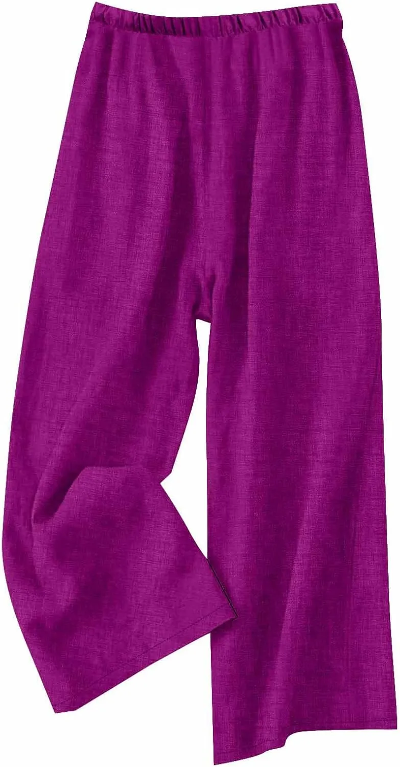 Women's Linen Blend Wide Leg Pants Tie Elastic Waist Casual Palazzo Trousers with Pockets Casual Beach Long Slacks