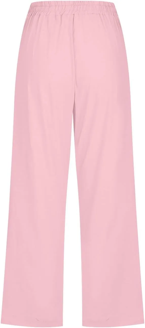 Womens Linen Capri Pants Summer Casual Drawstring Elastic Wasit Cropped Pants Loose Wide Leg Beach Palazzo W/Pockets