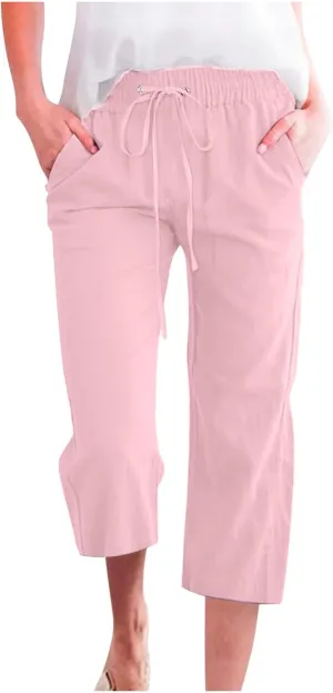 Womens Linen Capri Pants Summer Casual Drawstring Elastic Wasit Cropped Pants Loose Wide Leg Beach Palazzo W/Pockets