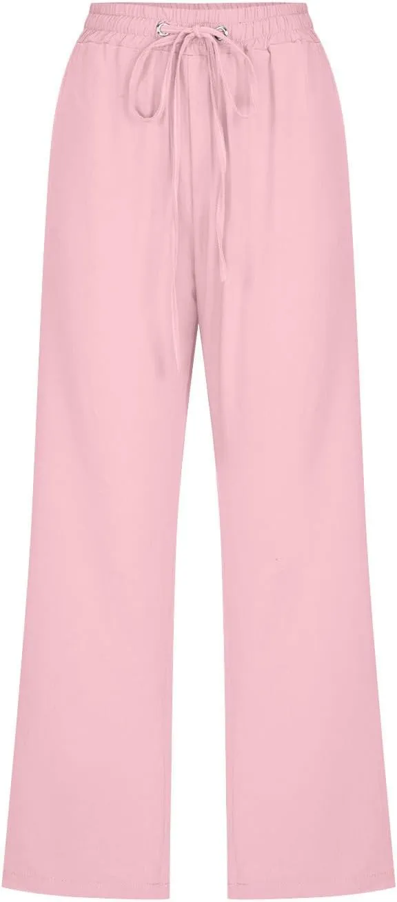 Womens Linen Capri Pants Summer Casual Drawstring Elastic Wasit Cropped Pants Loose Wide Leg Beach Palazzo W/Pockets