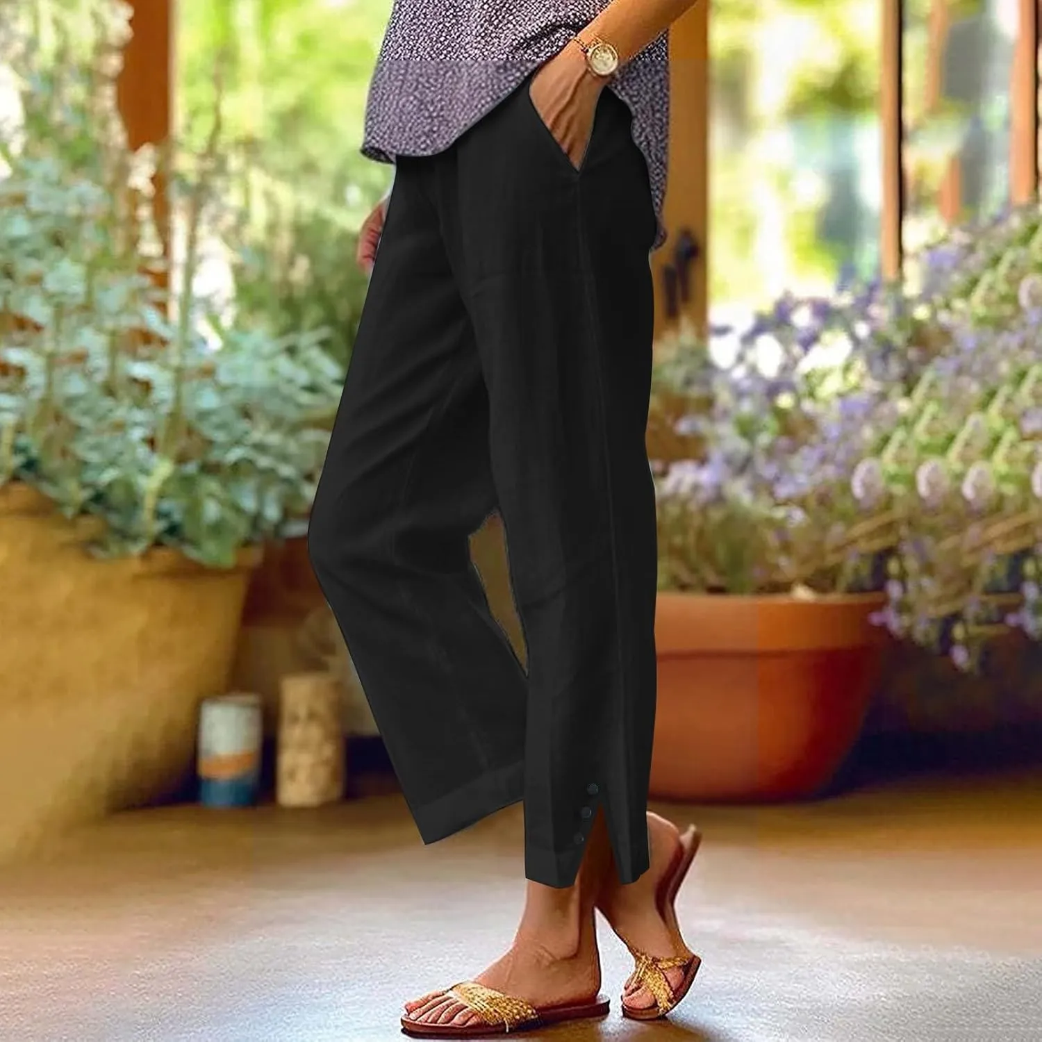 Womens Linen Capris Pants Elastic Waist Drawstring Summer Loose Breathing Cropped Trousers Beach Travel Boho Pants