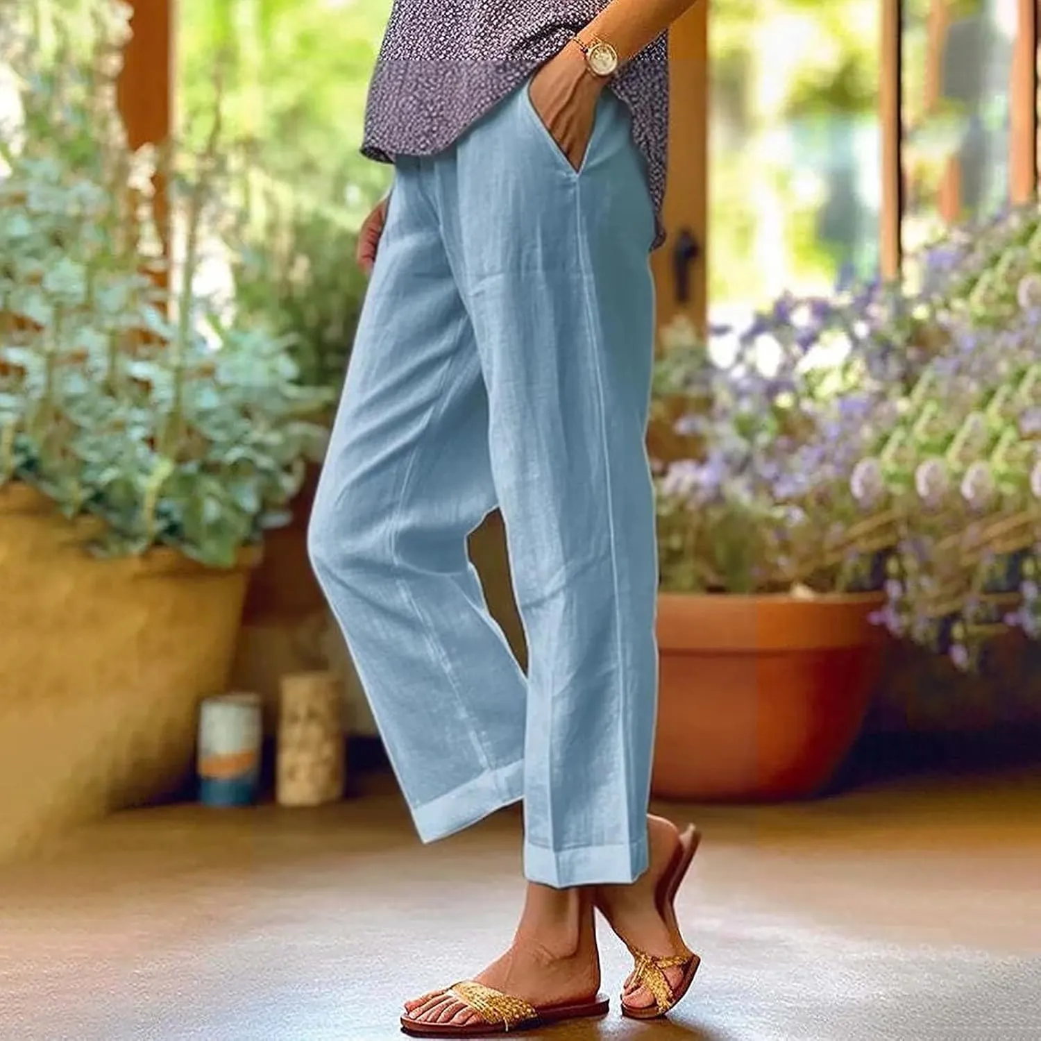 Womens Linen Pants Solid Elastic Pants Long Drawstring Linen Women Waist Cotton Casual Pants Summer Boho Wide Leg