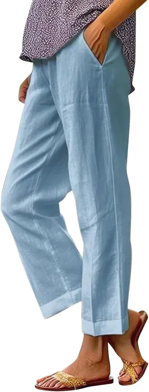 Womens Linen Pants Solid Elastic Pants Long Drawstring Linen Women Waist Cotton Casual Pants Summer Boho Wide Leg