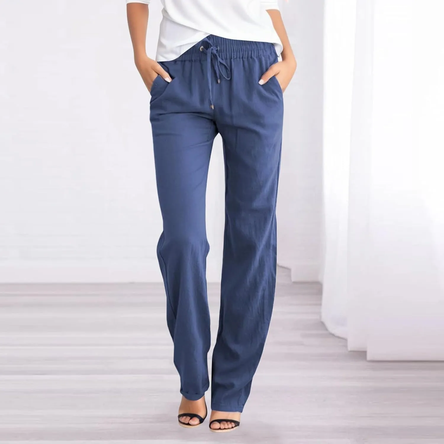 Women's Linen Summer Boho Pants High Waist Ankle Length Slim Fit Pants Business Work