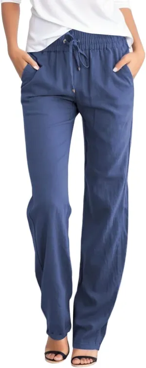 Women's Linen Summer Boho Pants High Waist Ankle Length Slim Fit Pants Business Work