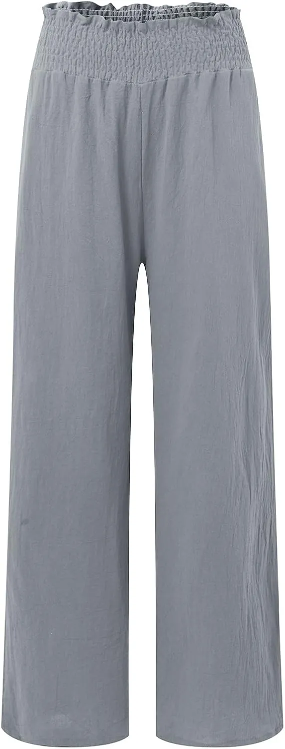 Womens Linen Summer Floral Pant Trousers Elastic Waisted Lounge Pants Plus Size Pants Travel