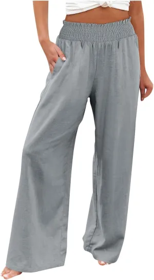 Womens Linen Summer Floral Pant Trousers Elastic Waisted Lounge Pants Plus Size Pants Travel