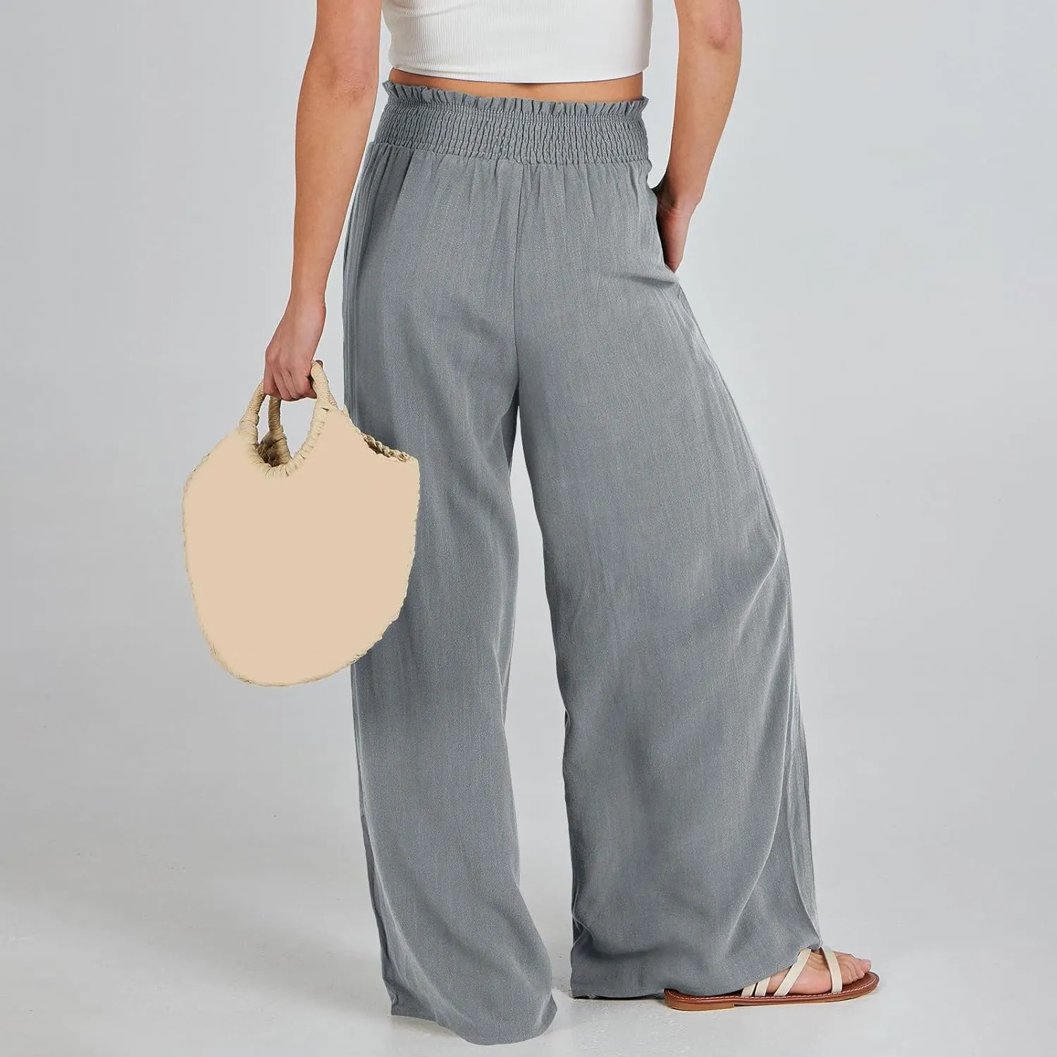 Womens Linen Summer Floral Pant Trousers Elastic Waisted Lounge Pants Plus Size Pants Travel