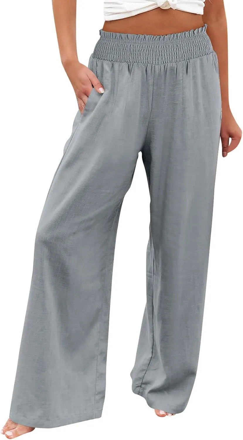 Womens Linen Summer Floral Pant Trousers Elastic Waisted Lounge Pants Plus Size Pants Travel