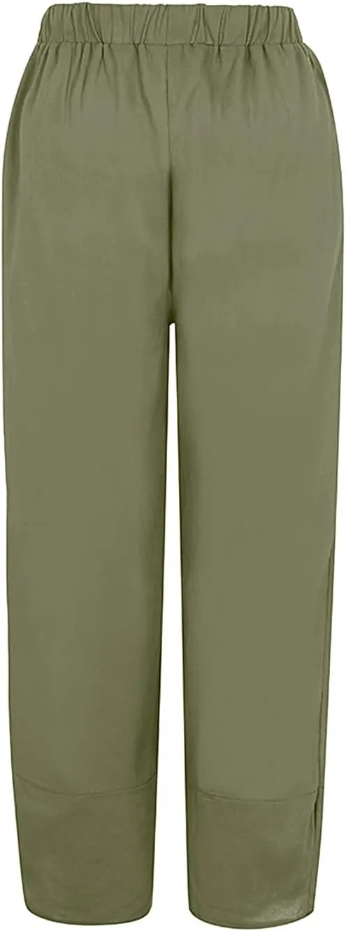 Women's Linen Summer Printed Pant Trousers Low Waist Wide Leg Plus Size Palazzo Pants Travel