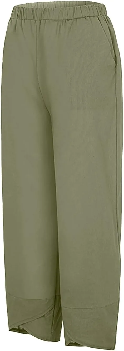 Women's Linen Summer Printed Pant Trousers Low Waist Wide Leg Plus Size Palazzo Pants Travel