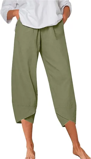 Women's Linen Summer Printed Pant Trousers Low Waist Wide Leg Plus Size Palazzo Pants Travel