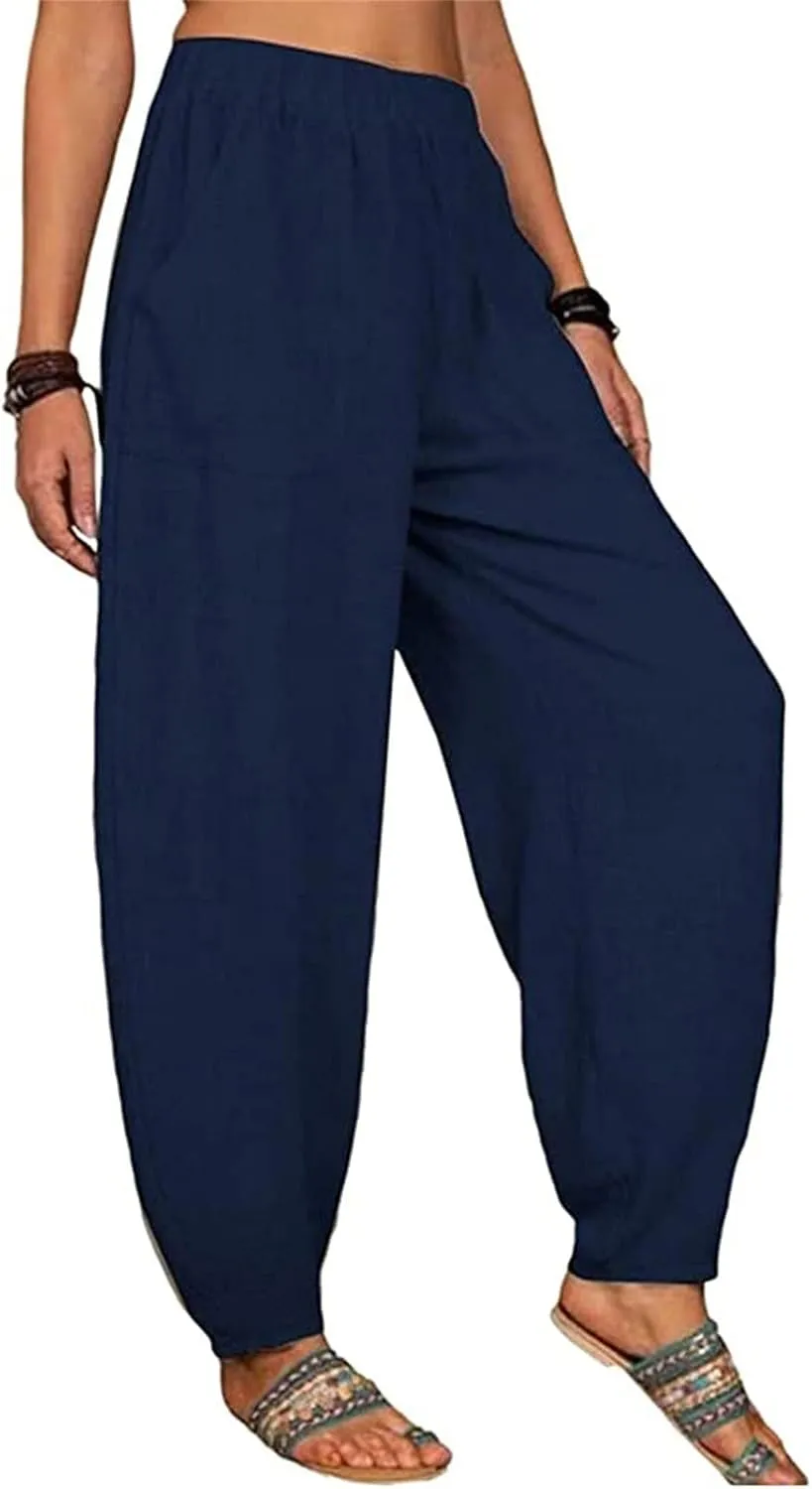 Women's Linen Summer Split Flowy Palazzo Pants Elastic Waisted Long Lounge Loose Fit Pants Vacation