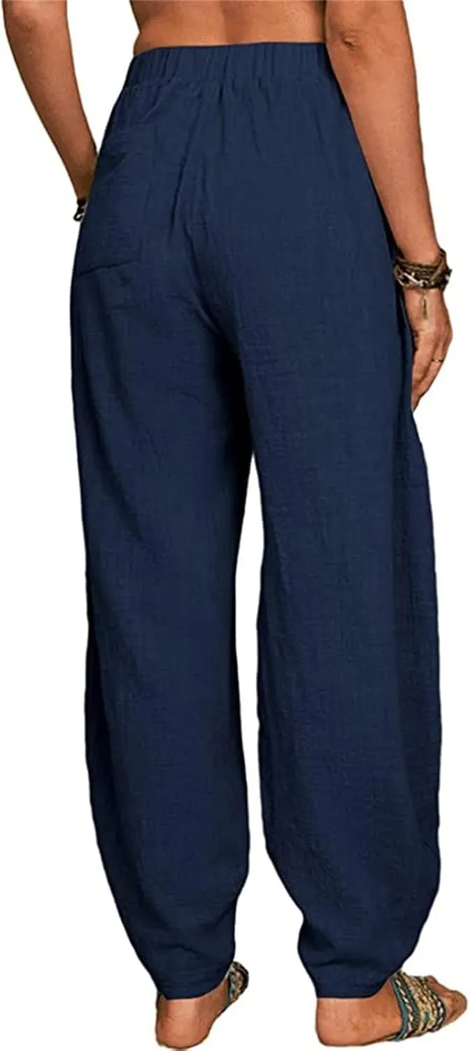 Women's Linen Summer Split Flowy Palazzo Pants Elastic Waisted Long Lounge Loose Fit Pants Vacation