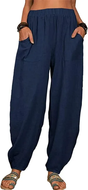 Women's Linen Summer Split Flowy Palazzo Pants Elastic Waisted Long Lounge Loose Fit Pants Vacation