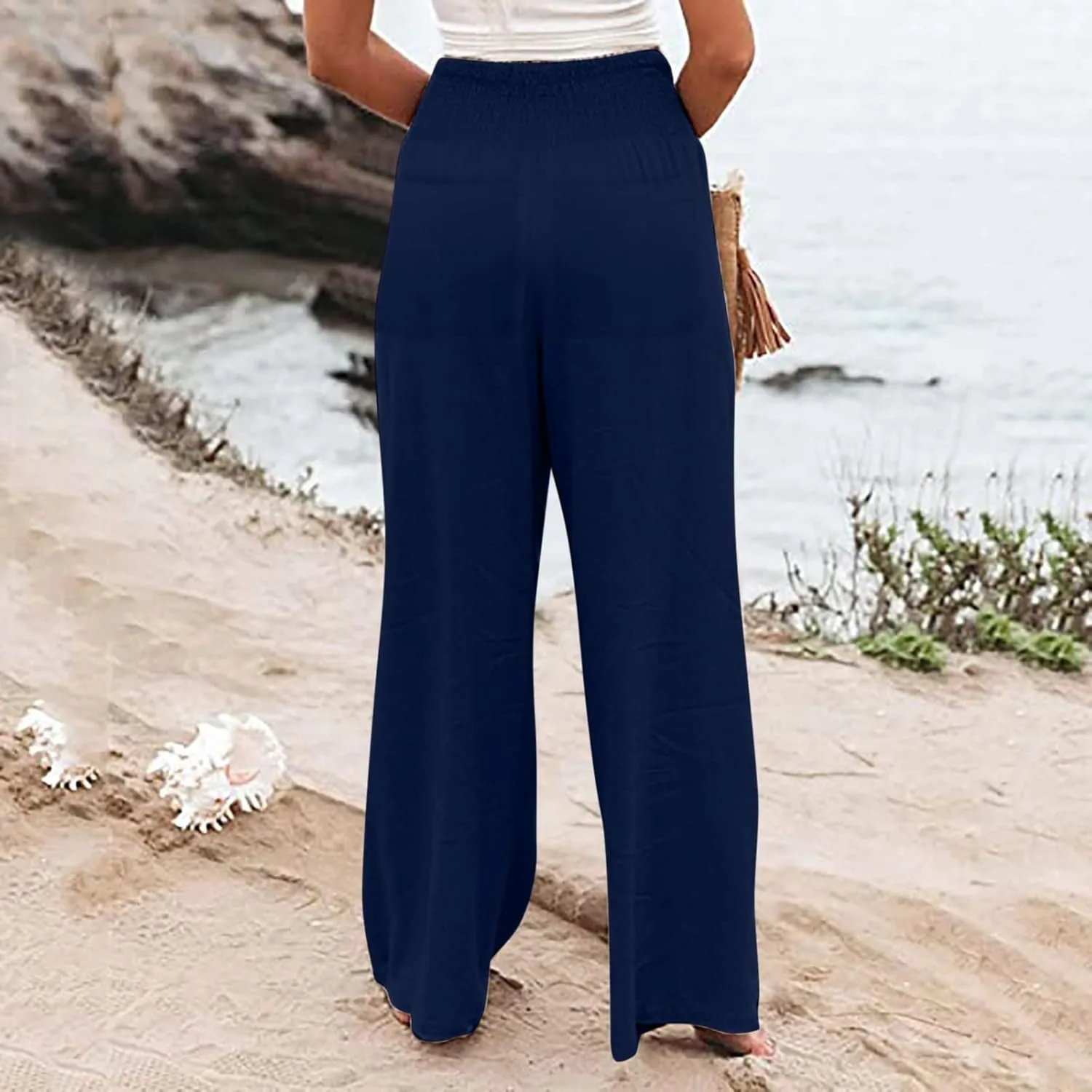 Women's Linen Summer Striped Pants Low Waist Bootcut Slim-Fit Palazzo Lounge Pants Work Business