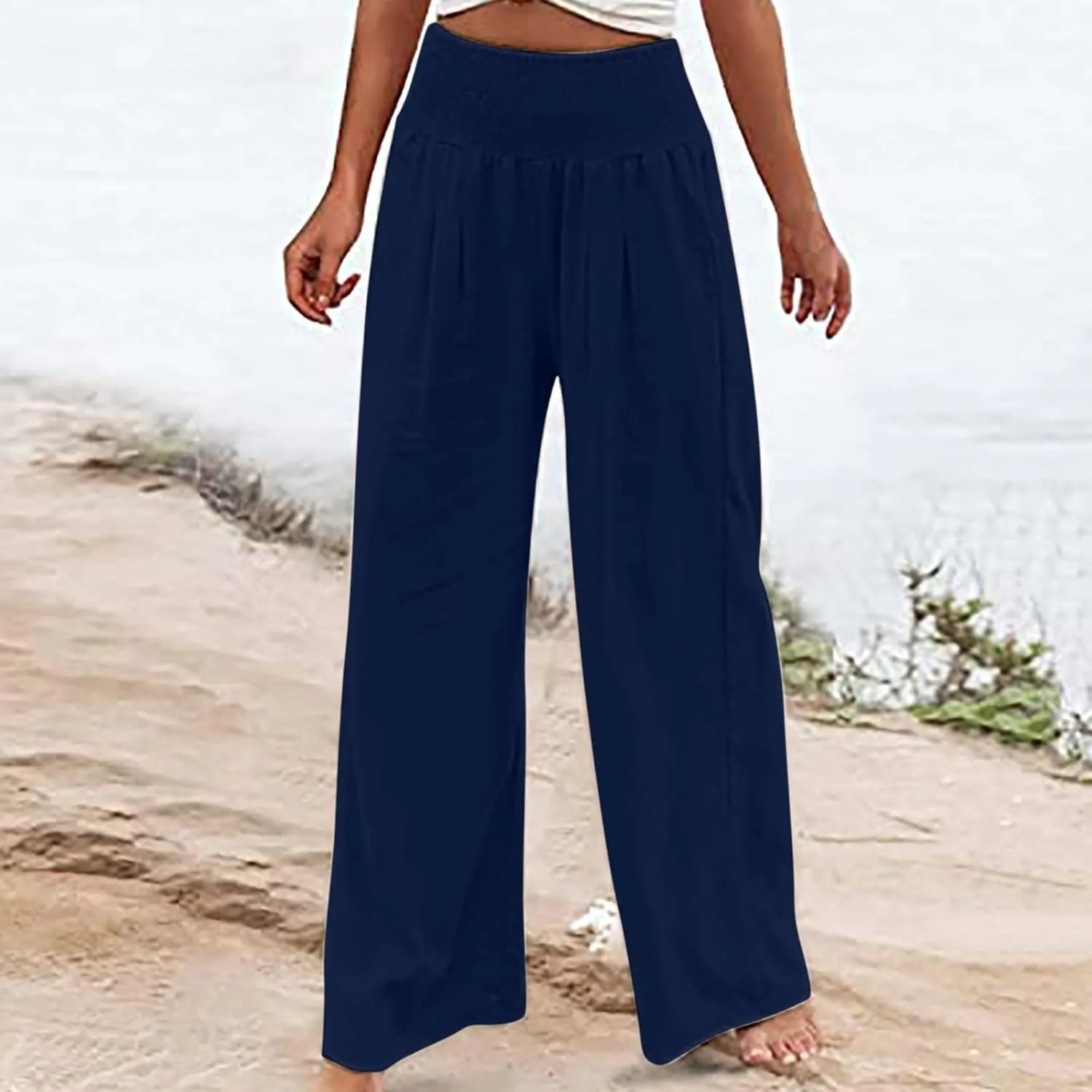 Women's Linen Summer Striped Pants Low Waist Bootcut Slim-Fit Palazzo Lounge Pants Work Business