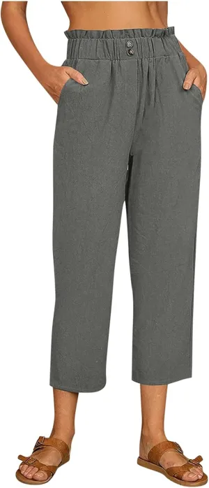 Women's Linen Summer Y2K Fashion Pants Elastic Waisted Ankle Length Slim Fit Trousers Beach