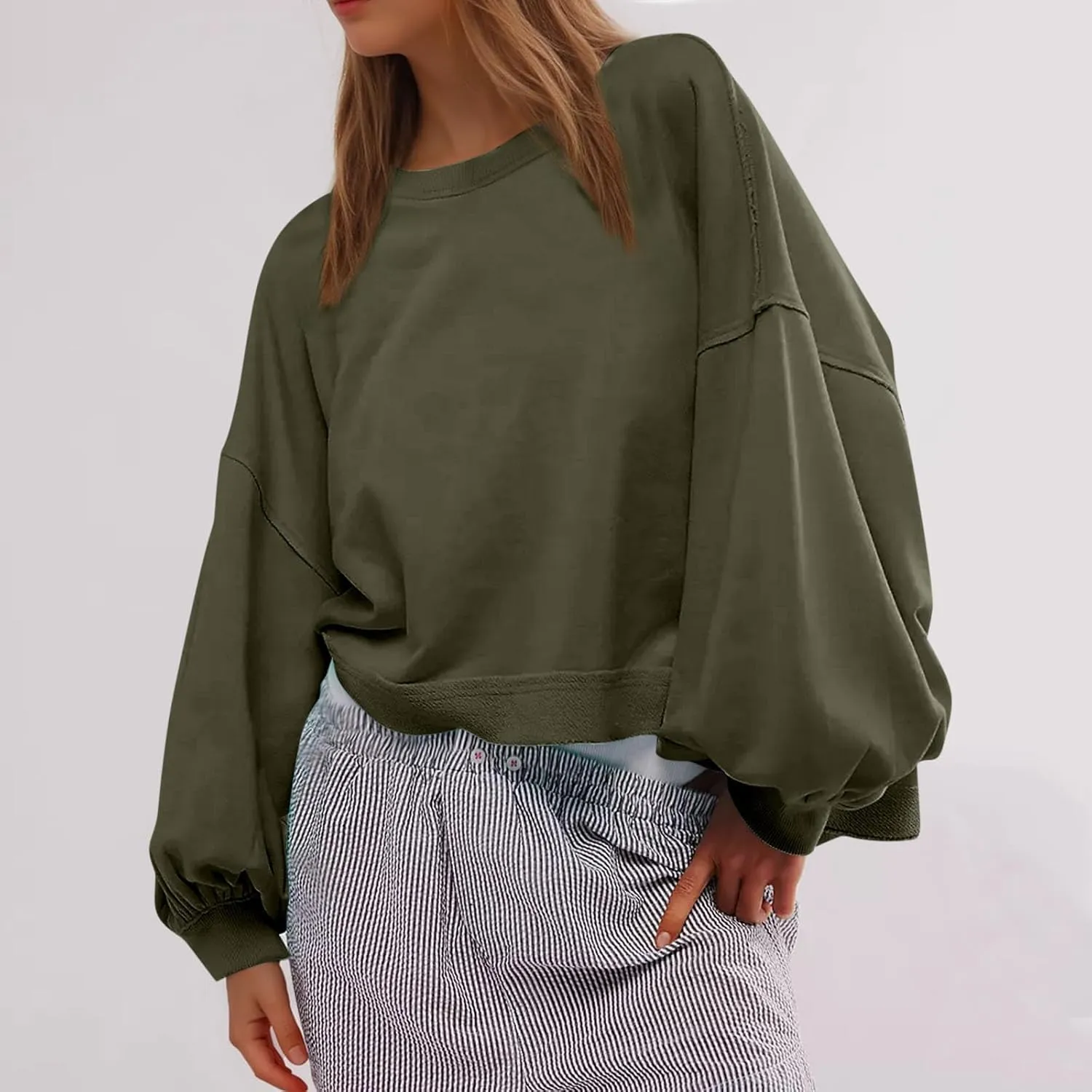 Womens Long Sleeve Crop Hoodie Crew Neck Drop Shoulder Sweatshirts Solid Loose Casual Pullover Trendy Going Out Tops