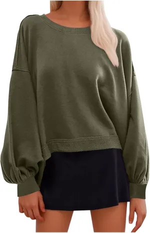 Womens Long Sleeve Crop Hoodie Crew Neck Drop Shoulder Sweatshirts Solid Loose Casual Pullover Trendy Going Out Tops