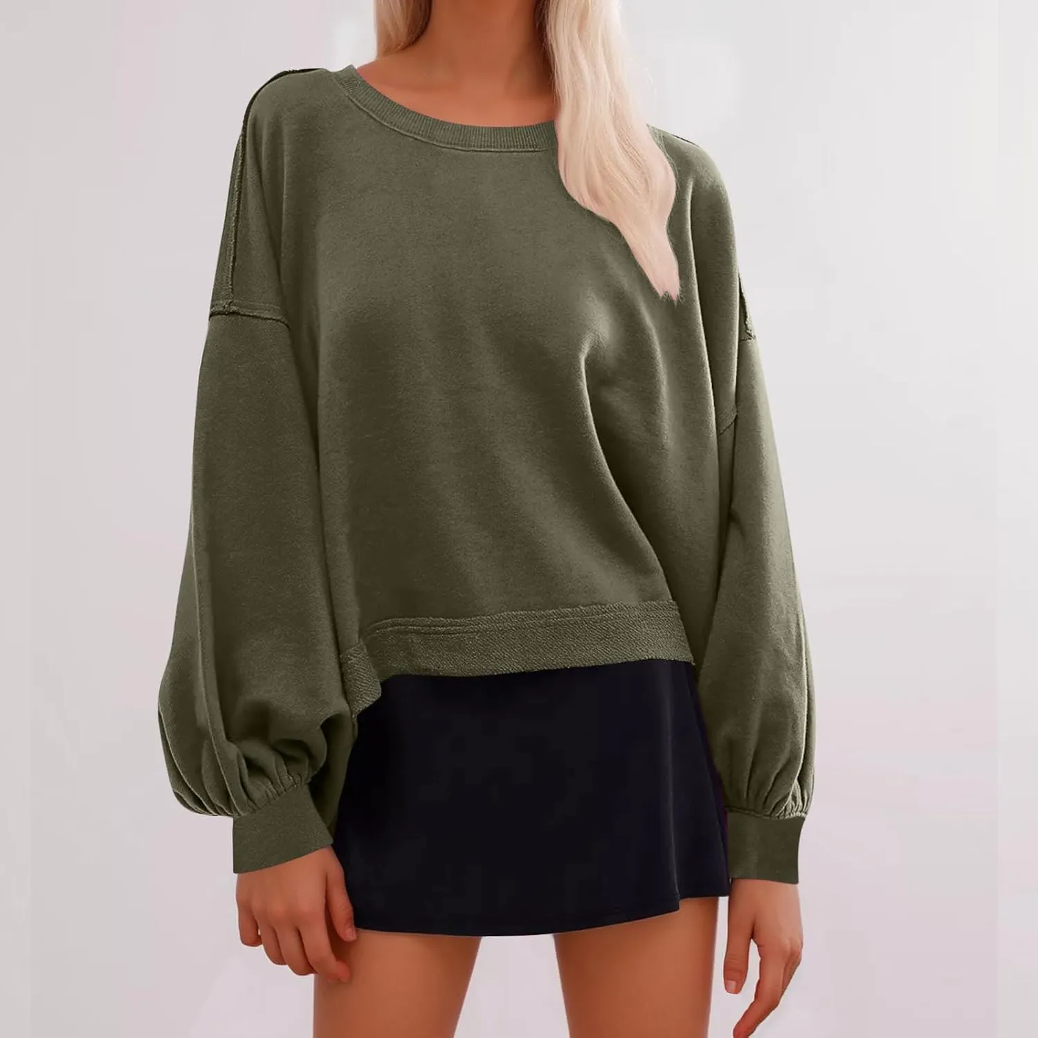 Womens Long Sleeve Crop Hoodie Crew Neck Drop Shoulder Sweatshirts Solid Loose Casual Pullover Trendy Going Out Tops