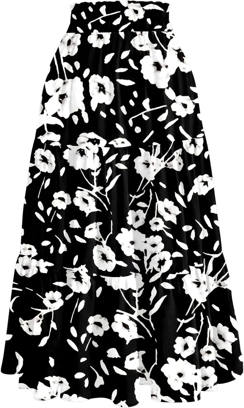 Women's Midi Skirts High Waist A-Line Tiered Flowy Swing Skirt Boho Floral Printed Cocktail Party Flared Skirts