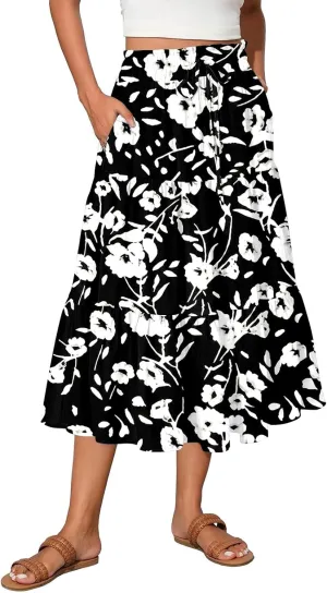Women's Midi Skirts High Waist A-Line Tiered Flowy Swing Skirt Boho Floral Printed Cocktail Party Flared Skirts