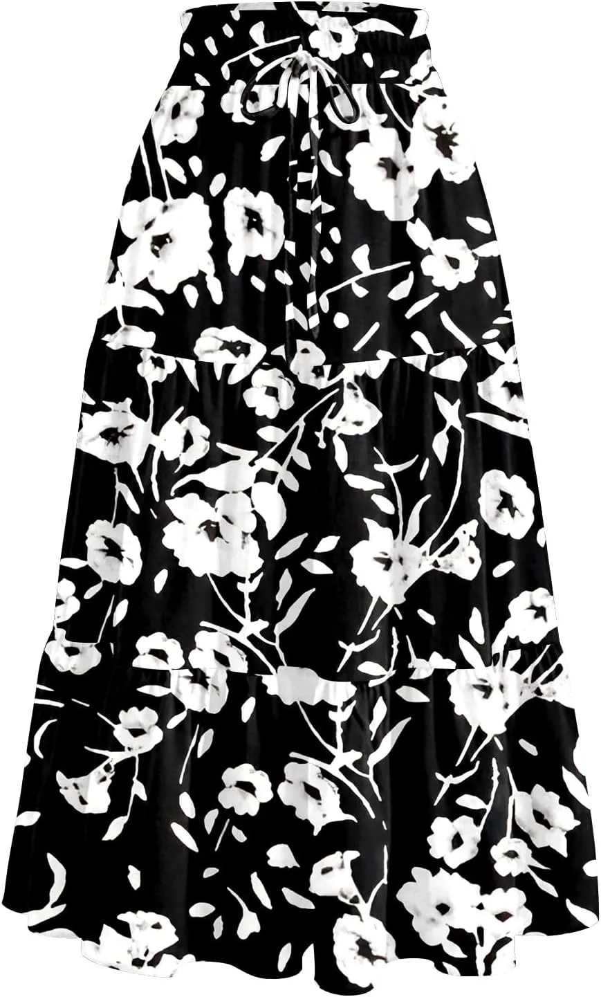 Women's Midi Skirts High Waist A-Line Tiered Flowy Swing Skirt Boho Floral Printed Cocktail Party Flared Skirts