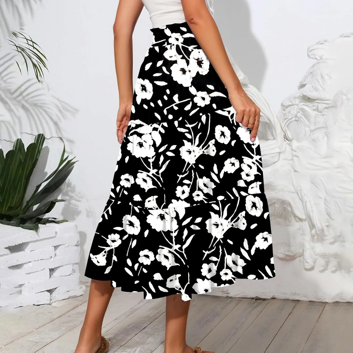 Women's Midi Skirts High Waist A-Line Tiered Flowy Swing Skirt Boho Floral Printed Cocktail Party Flared Skirts