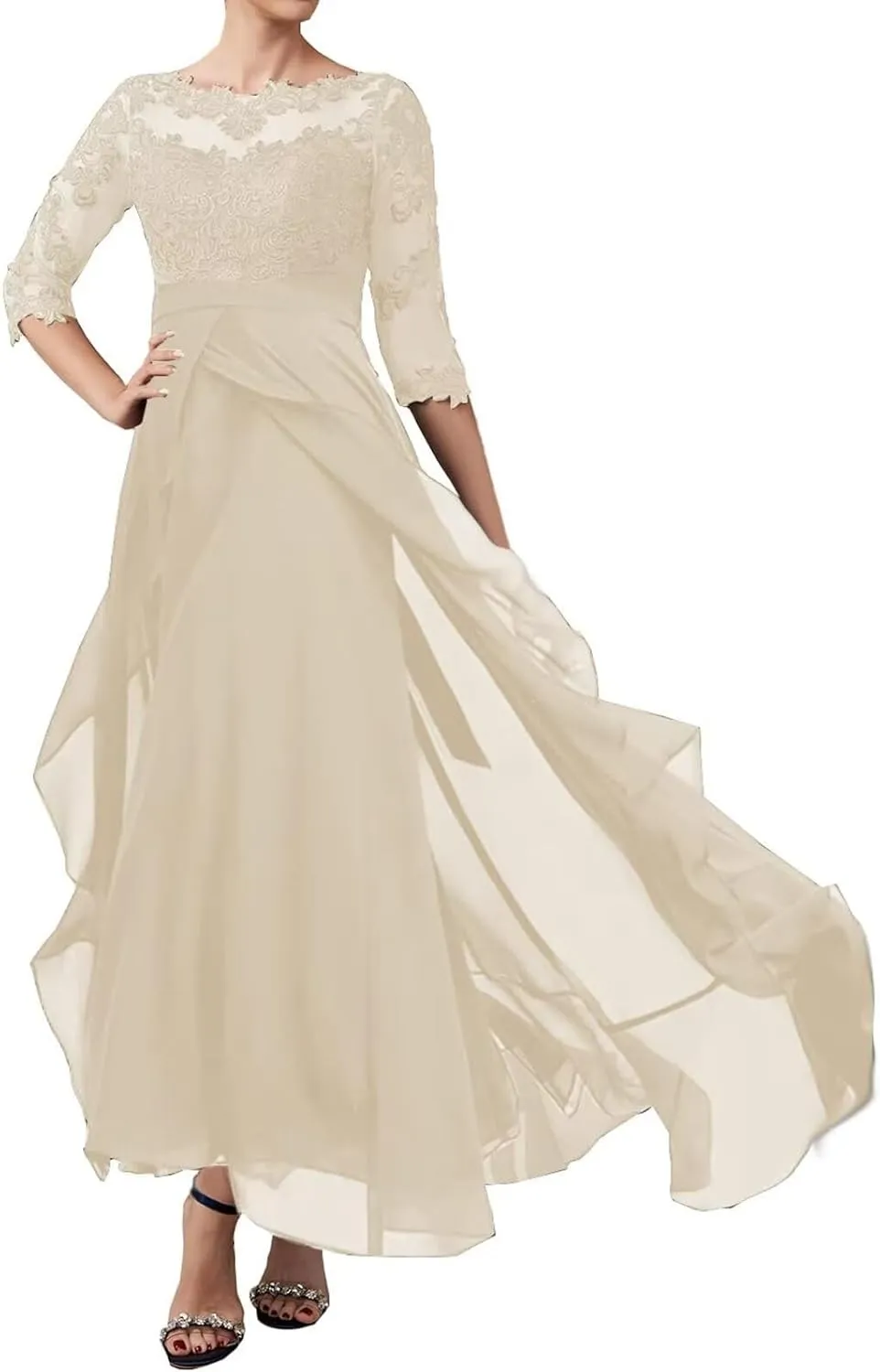 Women's Mother of The Bride Dresses Lace Applique Chiffon Evening Formal Dress Half Sleeve Wedding Guest Dress