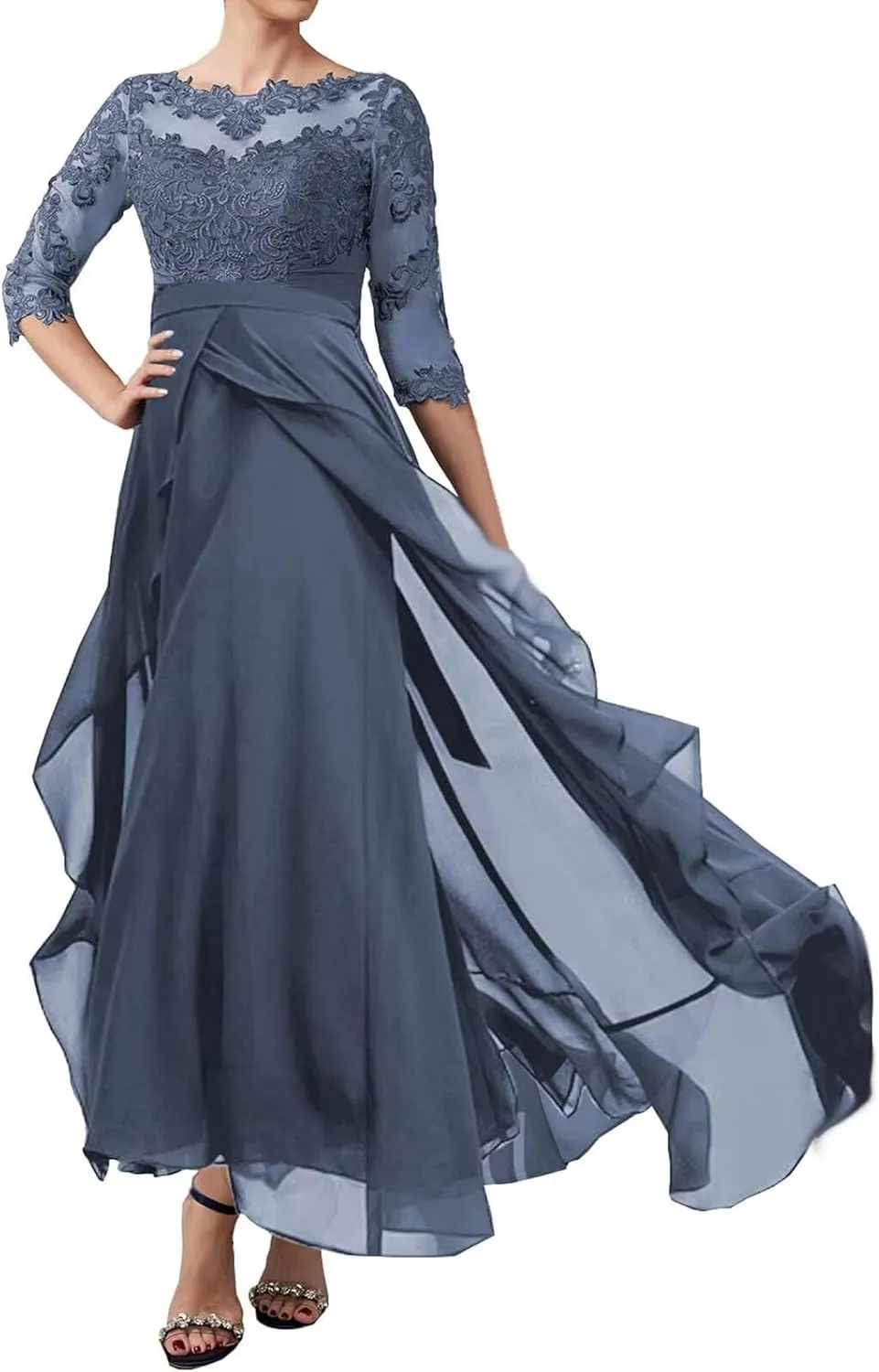 Women's Mother of The Bride Dresses Lace Applique Chiffon Evening Formal Dress Half Sleeve Wedding Guest Dress