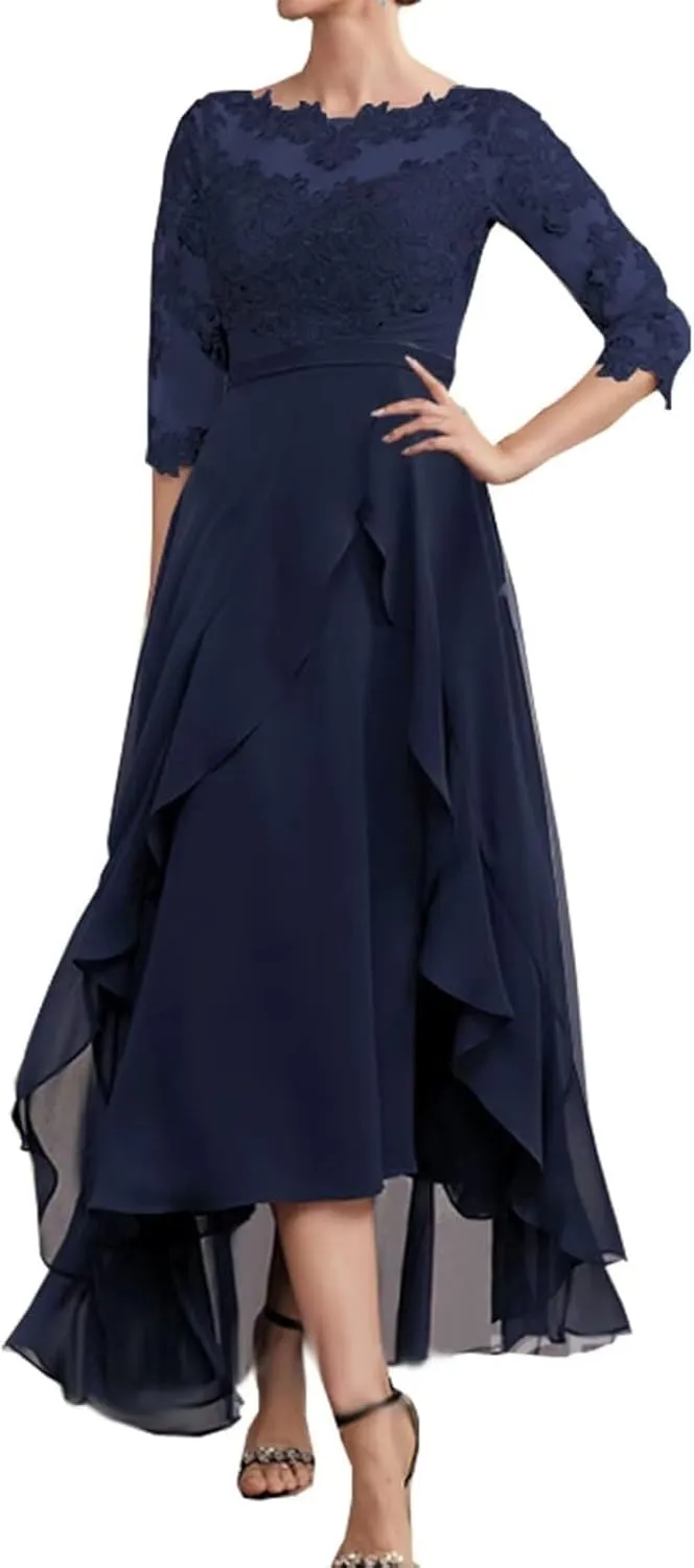 Women's Mother of The Bride Dresses Lace Applique Chiffon Evening Formal Dress Half Sleeve Wedding Guest Dress