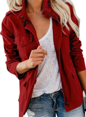Womens Multi Pockets Military Jacket Washed Cotton Zip Up Jackets Spring Fall Button Down Denim Jean Coat