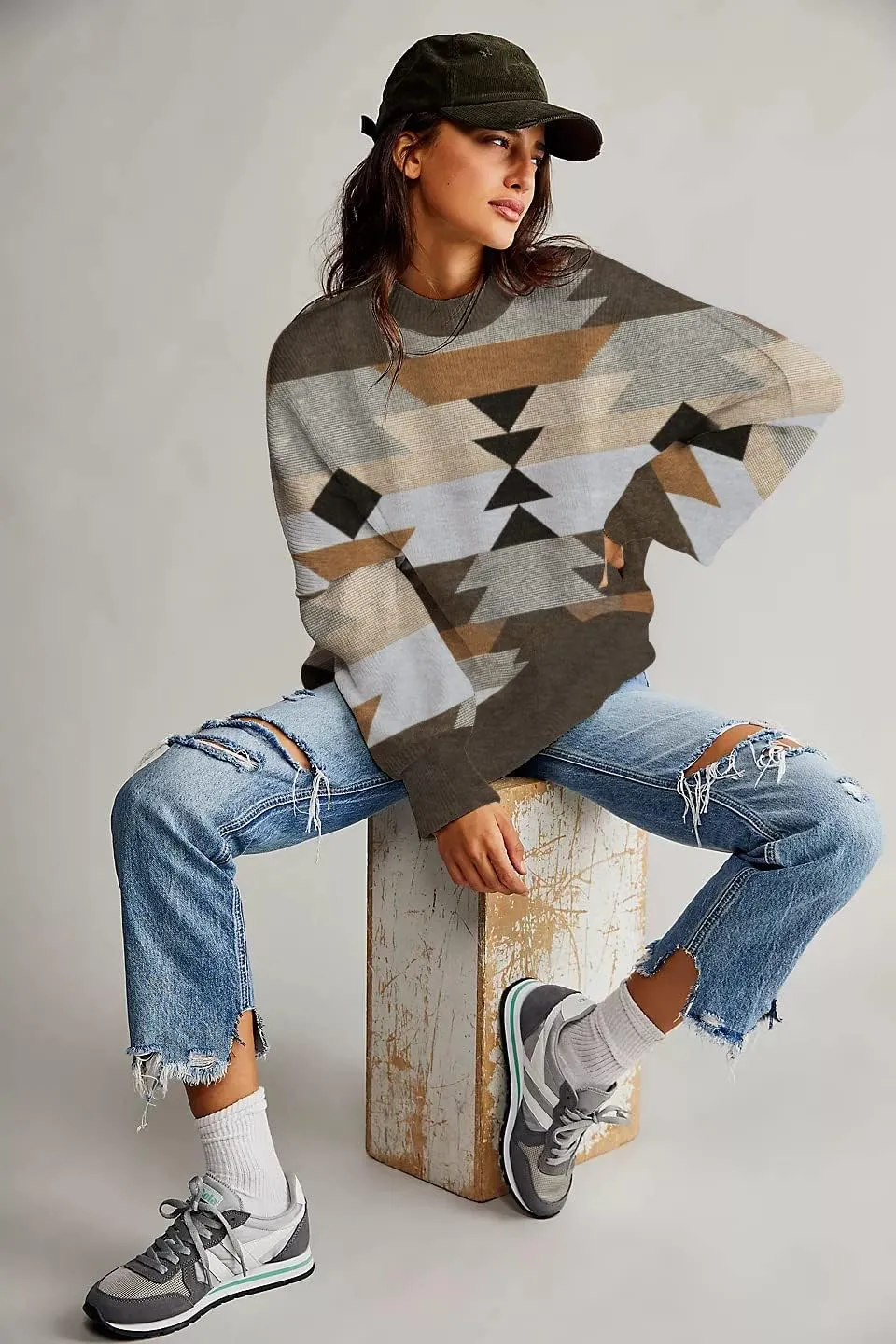 Women's Oversized Crewneck Sweaters Batwing Long Sleeve Side Slit Ribbed Knit Pullover Sweater Tops